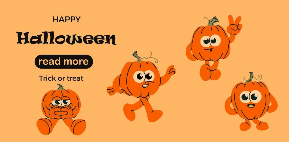 Web page design template. Set of four cute cartoon pumpkins Stock-Illustration