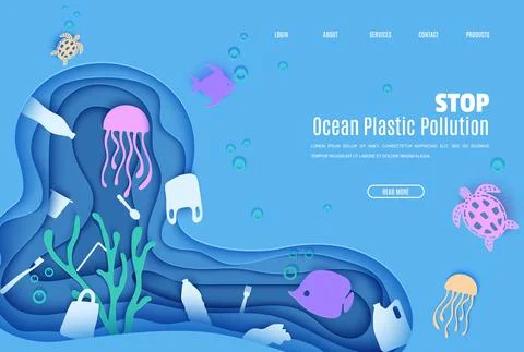 Web page design template stop ocean plastic pollution in paper cut style Stock Illustration