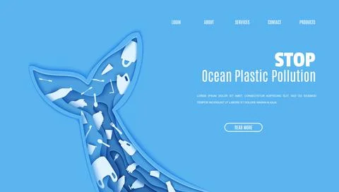 Web page design template stop ocean plastic pollution in paper cut style. Tail Stock Illustration