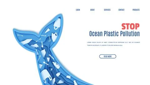 Web page design template stop ocean plastic pollution in paper cut style. Tail Stock Illustration