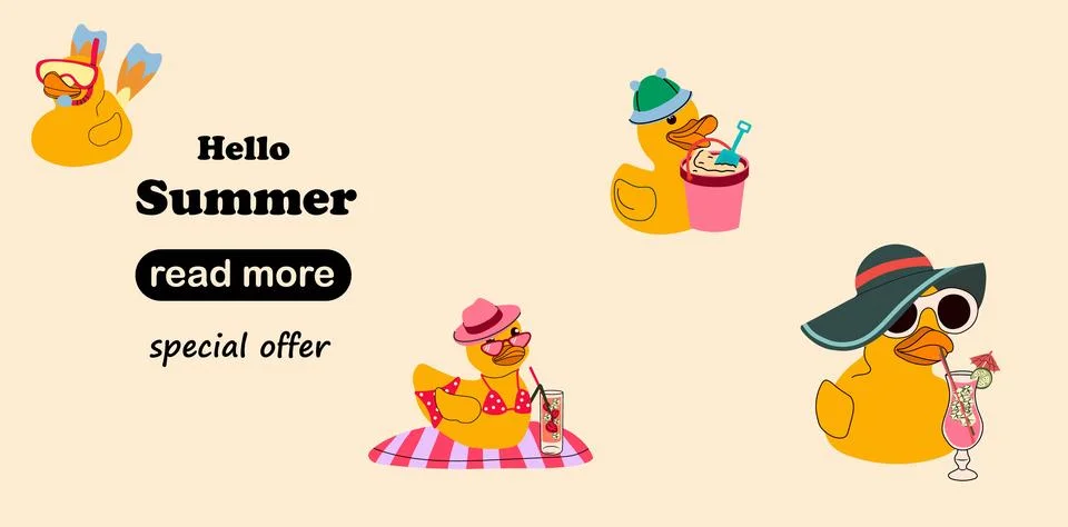Web page design template. Summer Fun Rubber Ducks at the Beach Stock Illustration