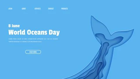 Web page design template World Ocean Day June 8 concept in paper cut style. Tail Stock Illustration