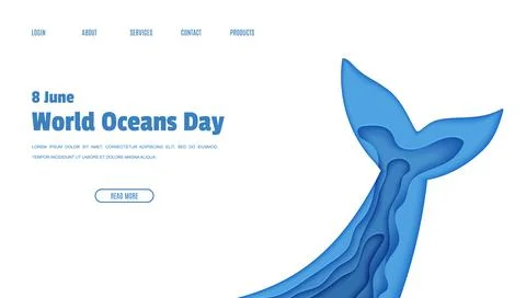 Web page design template World Ocean Day June 8 concept in paper cut style. Tail Stock Illustration