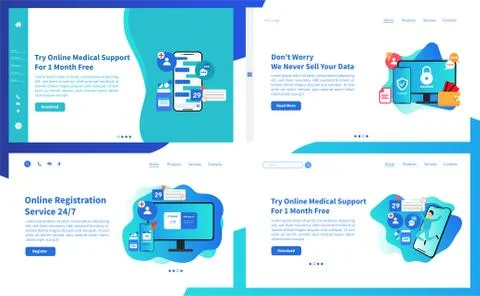 Web page design templates collection of online medical support features Stock Illustration