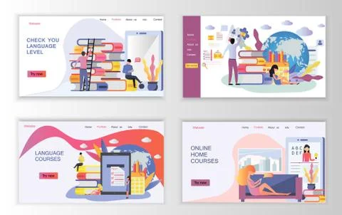 The web page design templates for language courses, e-learning, online educat Ilustração Stock