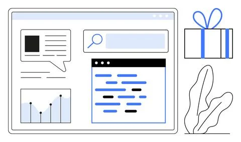 Web Page with Graph, Search Bar, and Code Window Next to Gift Box and Plant Stock Illustration