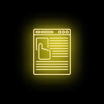 Web page interface with clicking hand neon icon Stockillustratie