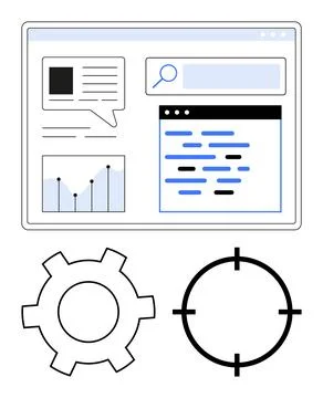 Web page interface featuring search bar, graph, conversation bubble, and code Stock Illustration