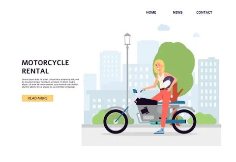 Web page interface for motorcycle rental with cyclist flat vector illustration. Stock Illustration