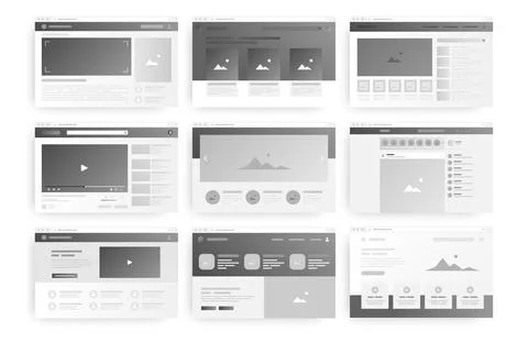 Web page layout. Website wireframe windows. Monochrome interfaces with blank Illustrazione stock