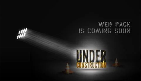 Web page poster Under construction with 3d text in spotlight on scene with cones Stock Illustration