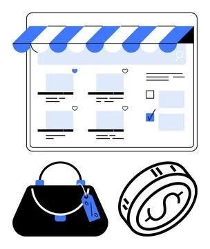 Web page with product thumbnails and awning, handbag with price tag, coin wit Stock Illustration