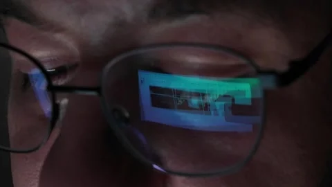 Web Page Scrolling Reflection On Glasses Screen Close Up Shot Stock Footage 343021288