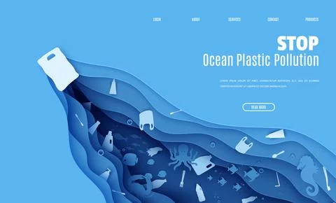 Web page stop ocean plastic pollution banner design template in paper cut style Иллюстрация