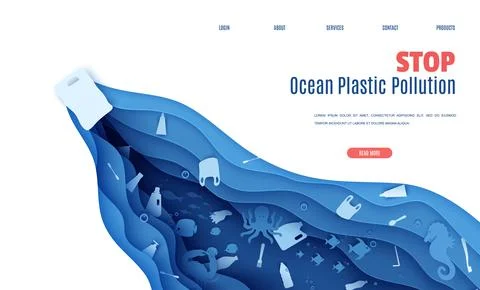 Web page stop ocean plastic pollution banner design template in paper cut style Иллюстрация