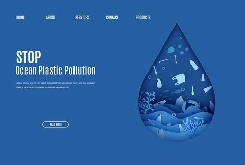 Web page stop ocean plastic pollution banner design template in paper cut style Stock Illustration