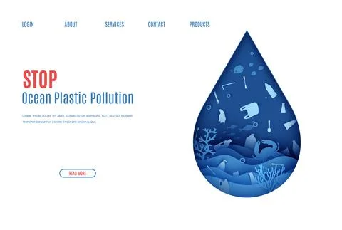 Web page stop ocean plastic pollution banner design template in paper cut style Stock Illustration