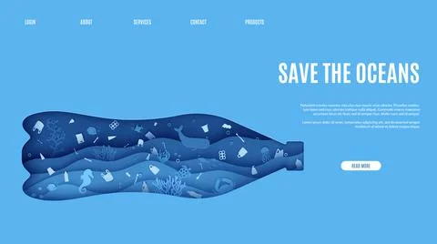 Web page stop ocean plastic pollution banner design template in paper cut style Stock Illustration
