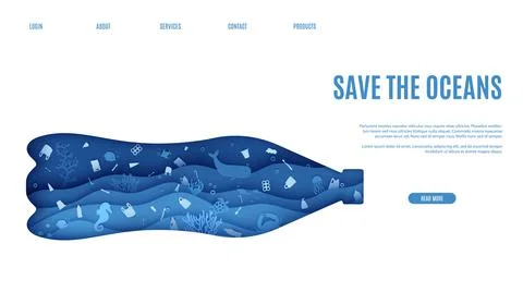 Web page stop ocean plastic pollution banner design template in paper cut style Stock Illustration