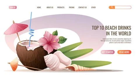 Web page template with beach cocktail in coconut with hibiscus and seashells. Stock Illustration