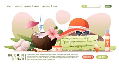 Web page template with cocktail, towel, hat, sunscreen and glasses.Concept fo Stock Illustration