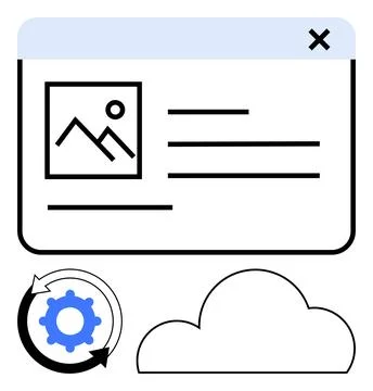 Web page template with image placeholder and text lines, gear and arrows sync Stock Illustration