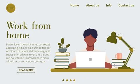 Web page template with young man working at home 스톡 일러스트