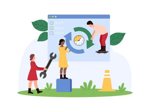 Web page update, data download, information reload, tiny people holding circle Stockillustratie
