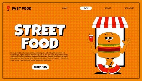 Web page with walking burger character. Street food, fast food, cooking, re.. Stock Illustration