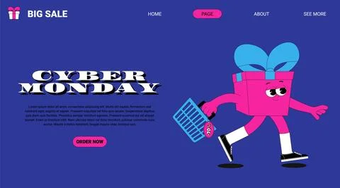 Web page with walking gift box character and shopping basket. Design for cy.. Stock Illustration