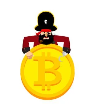Web Pirate and bitcoin. Hacker. Thief and crypto currency. Steal virtual mone Stock Illustration