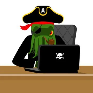 Web pirate Octopus and laptop. poulpe internet hacker and PC. devilfish bucca Stock Illustration