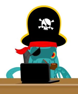 Web pirate Octopus and laptop. poulpe internet hacker and PC. devilfish bucca Stock Illustration