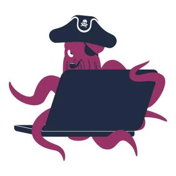 Web pirate Octopus and laptop. poulpe internet hacker and PC. devilfish bucca Stock Illustration