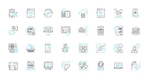 Web production linear icons set. Design, Development, Coding, Graphic, Animation Illustrazione stock