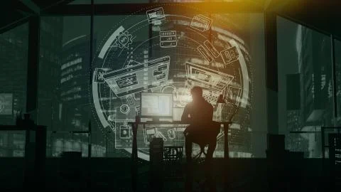 Web programmer on the background of evening skyscrapers and infographics. 스톡 일러스트