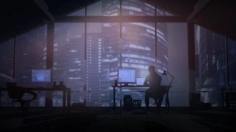 Web programmer on the background windows overlooking evening skyscrapers. Illustrazione stock