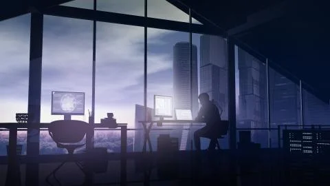 Web programmer in the office against the backdrop of skyscrapers. Stockillustratie