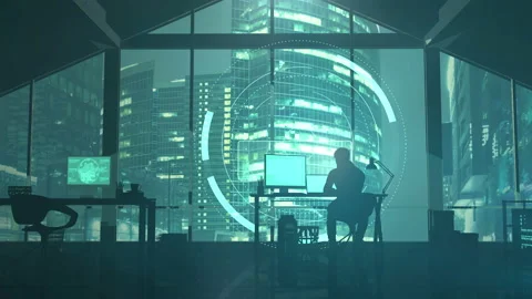 Web programmer at the table in the office against the backdrop of skyscrapers. Stock Footage 121137834