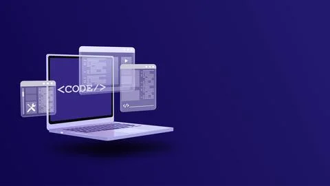 Web Programming and Development, Code Testing with Laptop Displaying Holographic Stock Illustration