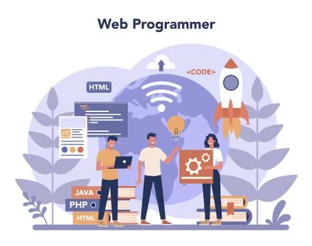Web programming concept. Coding, testing and writing program 스톡 일러스트