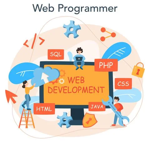 Web programming concept. Coding, testing and writing program 스톡 일러스트