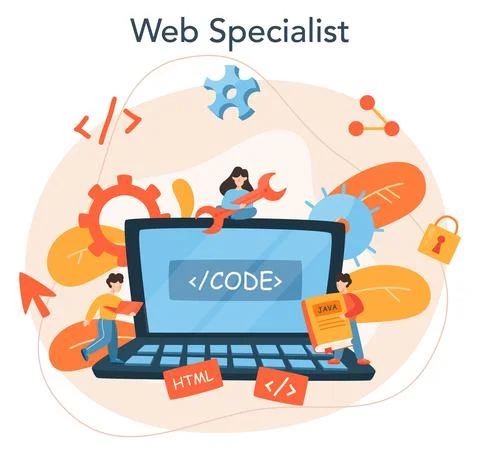 Web programming concept. Coding, testing and writing program 스톡 일러스트