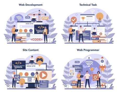 Web programming concept set. Coding, testing and writing program 스톡 일러스트