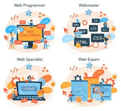 Web programming concept set. Coding, testing and writing program 스톡 일러스트