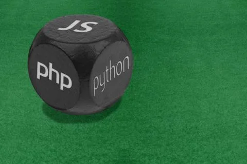 Web programming language choosing concept. Dice with JS, PHP and PYTHON text Illustration