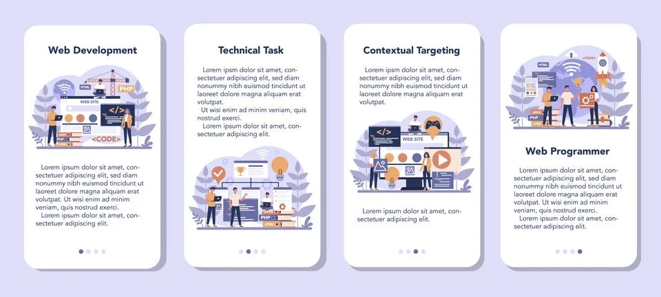 Web programming mobile application banner set. Coding, testing Stock Illustration