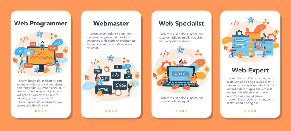 Web programming mobile application banner set. Coding, testing 스톡 일러스트