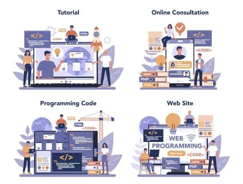 Web programming online service or platform set. Coding, testing 스톡 일러스트