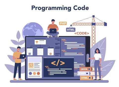 Web programming online service or platform. Coding, testing 스톡 일러스트